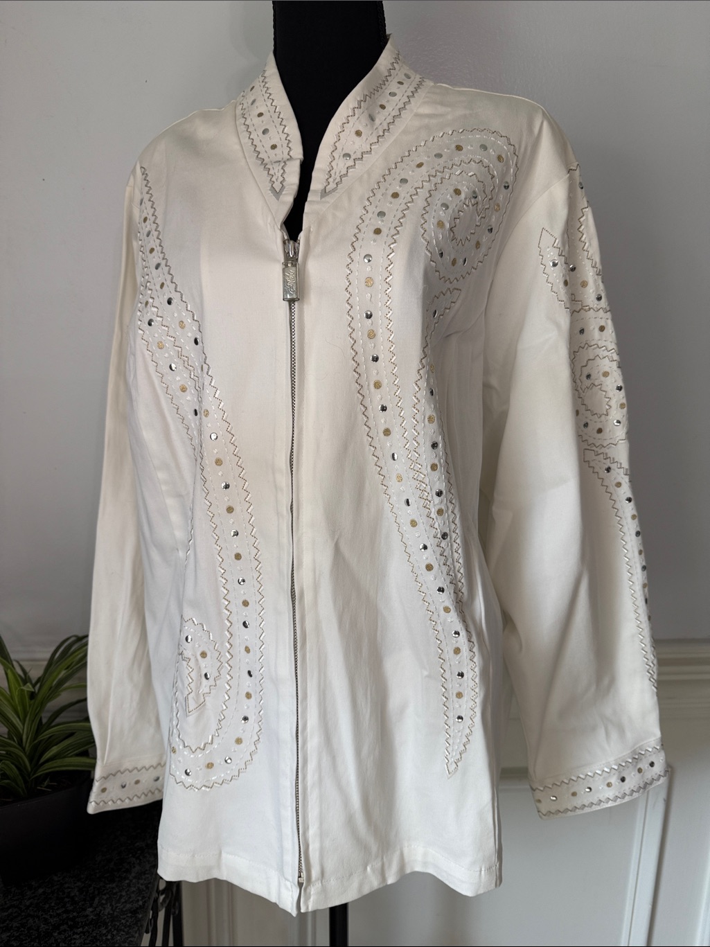 Nwt Bob Mackie White Embellished Full Zip Cotton Blend Pockets Jacket 2x